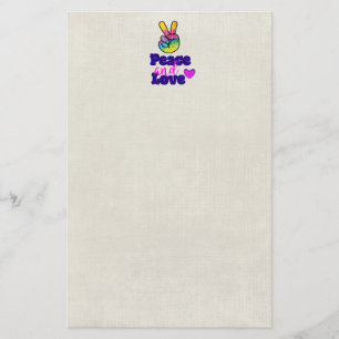 Peace and Love Typography Rainbow Hand Peace Sign Stationery