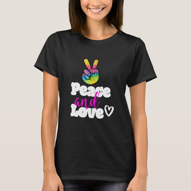 Peace and Love Typography Rainbow Hand Peace Sign T-Shirt (Front)