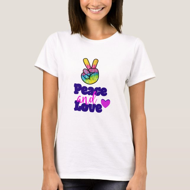 Peace and Love Typography Rainbow Hand Peace Sign T-Shirt (Front)