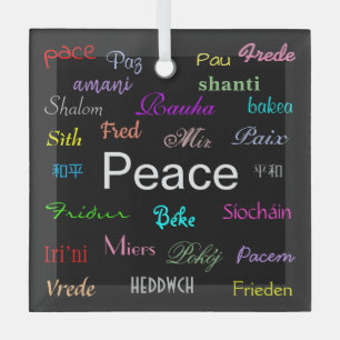 Peace Around the World in Black Glass Ornament