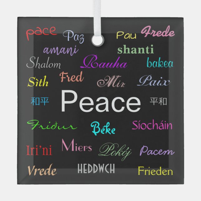 Peace Around the World in Black Glass Ornament (Front)