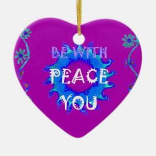 Peace Be With You   Beautiful Purple & Blue Floral Ceramic Ornament