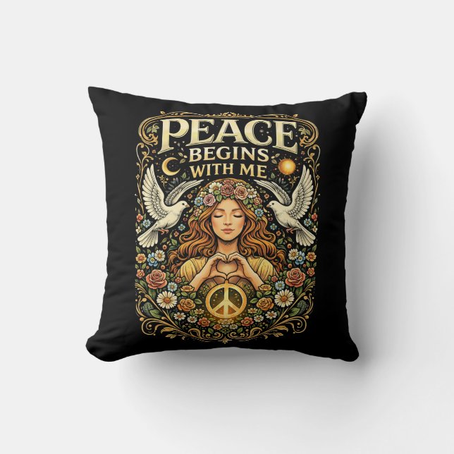 Peace Begins Within Throw Pillow (Front)