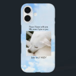 Peace Bible Verse One Photo Soft Blue Sky iPhone 16 Case<br><div class="desc">This beautiful phone case features a bible verse along with a photo of the sky background with a picture of Olive, a cute Labrador mix. Photo and text are customizable.</div>