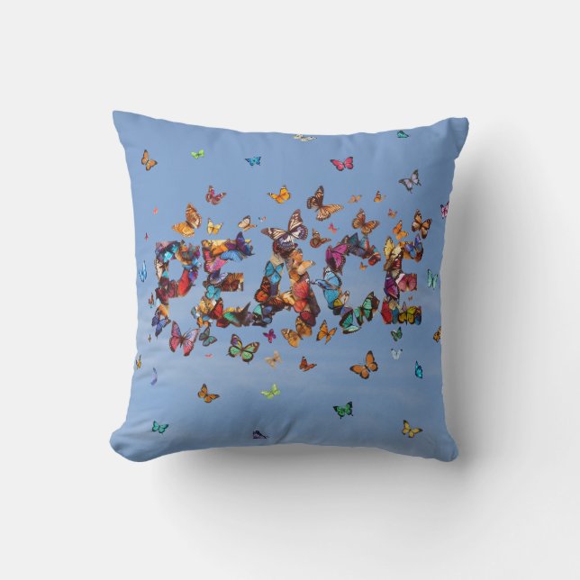 PEACE Blue Sky Butterflies | Motivational Hope Joy Throw Pillow (Front)