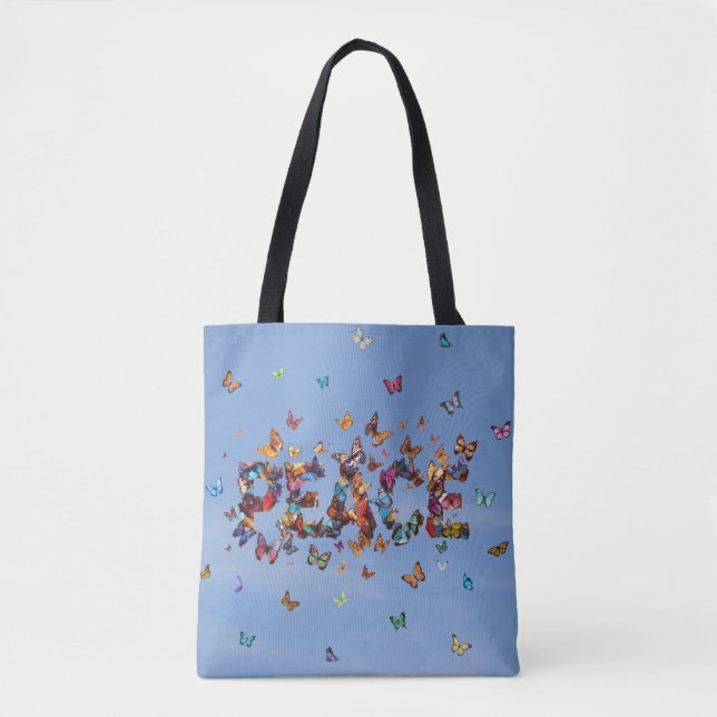 PEACE Blue Sky Butterflies | Motivational Hope Joy Tote Bag (Front)