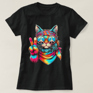 Peace Cat Retro Rainbow Hippie Cat Peace Sign Hand T-Shirt
