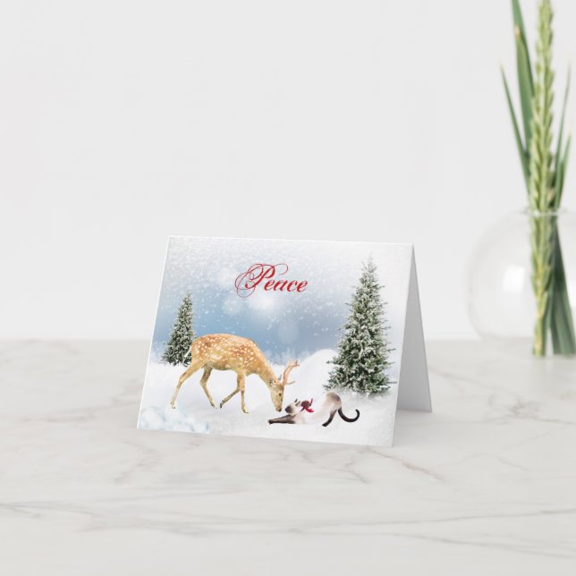 Peace Christmas Card with Deer and Siamese Cat (Front)