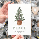 Peace Christmas Evergreen Tree Simple Holiday Postcard<br><div class="desc">This simple holiday postcard features a watercolor illustration of an evergreen tree in a basket planter. The word "PEACE" appears in large,  sage green serif letters that coordinate with the art. Add your family's name and the year in charcoal grey italics,  and your return address on the back</div>