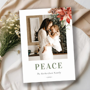 Peace Christmas Poinsettia Bunch Photo Watercolor Holiday Card
