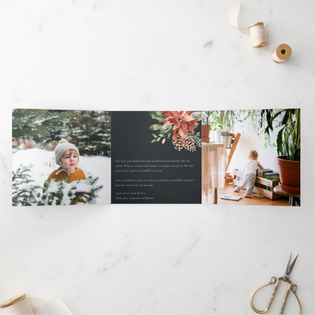 Peace Christmas Poinsettia Navy Black Pine 3 Photo Tri-Fold Holiday Card (Inside)