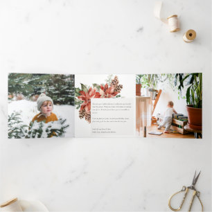 Peace Christmas Poinsettia Pine 3 Photo Watercolor Tri-Fold Holiday Card