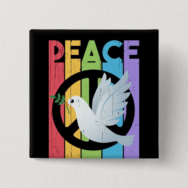 Peace: distressed typography with dove 2 inch square button (Front)