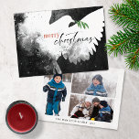Peace Dove Photo Merry Christmas Black White Holiday Card<br><div class="desc">These 7" x 5" flat Christmas greeting cards feature an abstract dove in shades of black,  white and red. "Merry Christmas" in black and red along with a green olive branch. Customize with your family name and year. The back has three photos,  one portrait,  two landscape.</div>