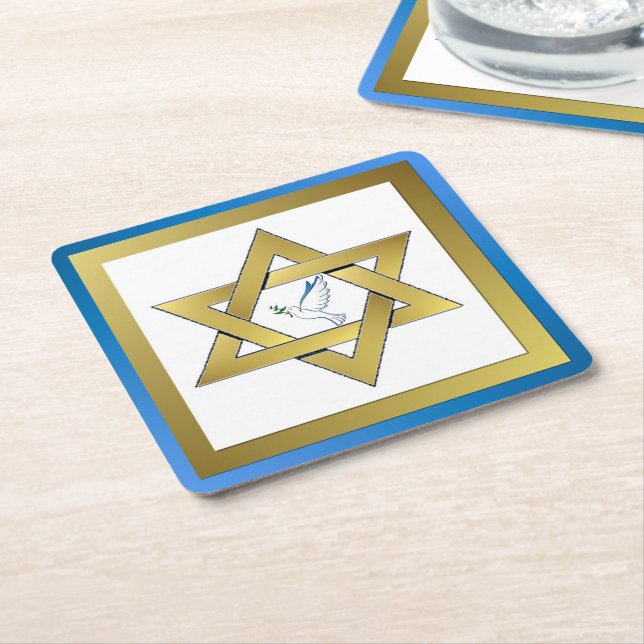 Peace Dove Star Of David Square Paper Coaster (Angled)