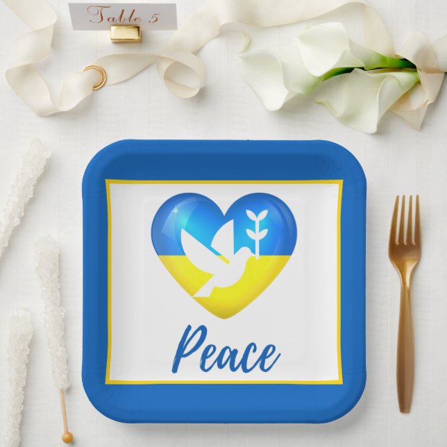 Peace Dove Ukraine Flag Heart  Paper Plate (Wedding)