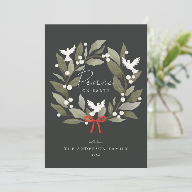 Peace Doves and bow Merry Christmas Holiday Card (Standing Front)