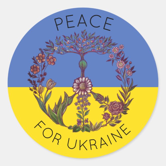  Peace Floral Drawing Blue & Yellow Ukrainian Flag Classic Round Sticker (Front)