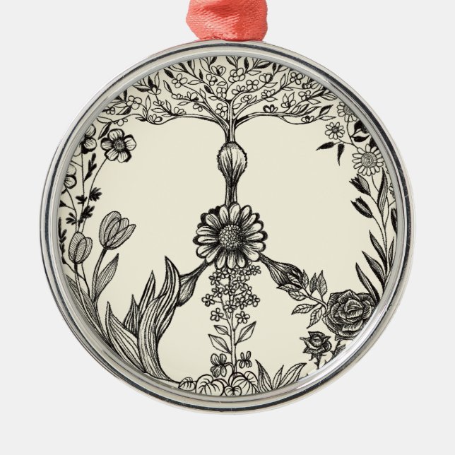 Peace Floral Drawing Cute Boho Hippie Flowers Art Metal Ornament (Front)