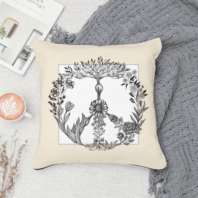 Peace Floral Drawing Cute Boho Hippie Flowers Art Throw Pillow (Creator Uploaded)