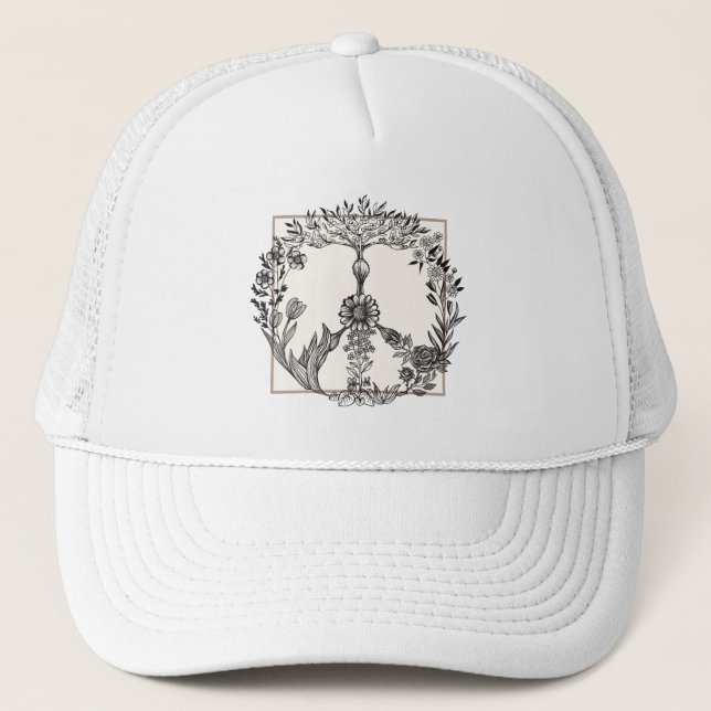 Peace Floral Drawing Cute Boho Hippie Flowers Art Trucker Hat (Front)