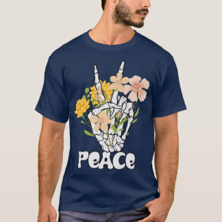 Peace Flowers And Skeleton Hand Peace Sign Retro B T-Shirt