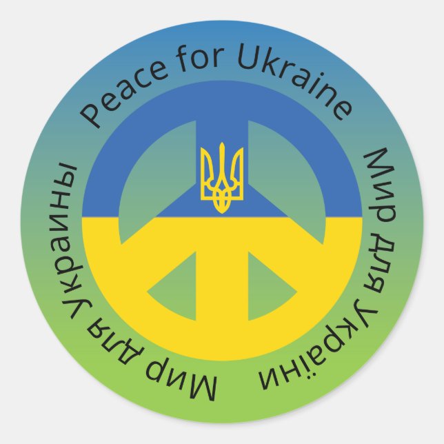 Peace for Ukraine in English Ukrainian and Russian Classic Round Sticker (Front)
