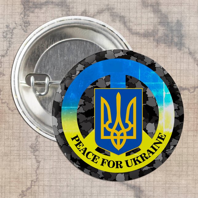 Peace for Ukraine & Ukraine Map Camouflage /Tryzub 1 Inch Round Button (Creator Uploaded)