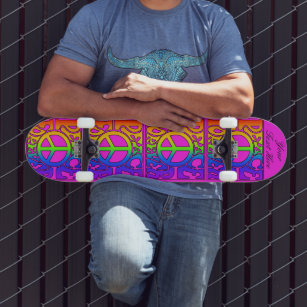 Peace Forever Vintage Retro Rainbow Repeat on pink Skateboard