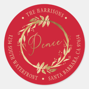Peace Gold Wreath Red Family Return Address Classic Round Sticker