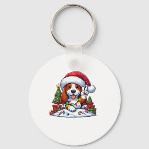 Peace Hand Basset Hound Christmas Lights Dog Women Keychain
