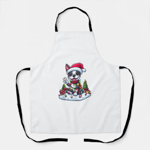 Peace Hand Boston Terrier Christmas Lights Womens  Apron