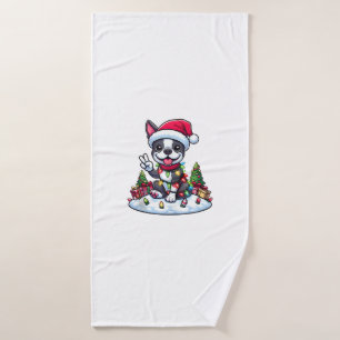 Peace Hand Boston Terrier Christmas Lights Womens Bath Towel