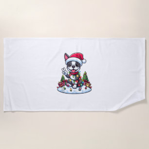 Peace Hand Boston Terrier Christmas Lights Womens  Beach Towel