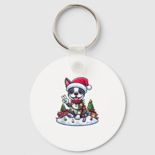 Peace Hand Boston Terrier Christmas Lights Womens Keychain