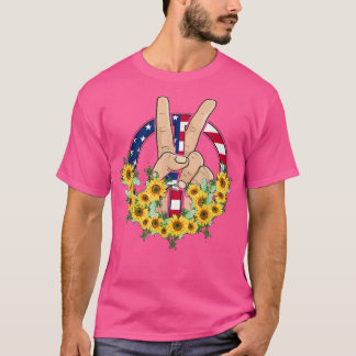 Peace Hand In Peace Sunflower American Flag 4th Of T-Shirt