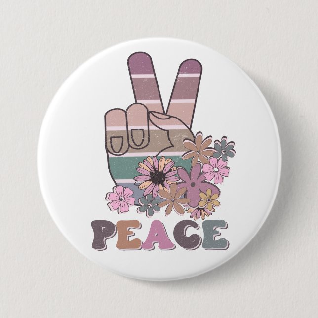Peace Hand Sign Retro 70s Floral Daisy  3 Inch Round Button (Front)