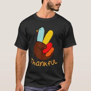 Peace Hand Sign Thankful Turkey Thanksgiving Autum T-Shirt