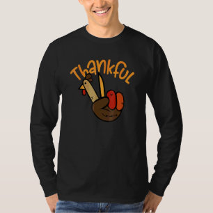 Peace Hand Sign Thankful Turkey Thanksgiving   T-Shirt