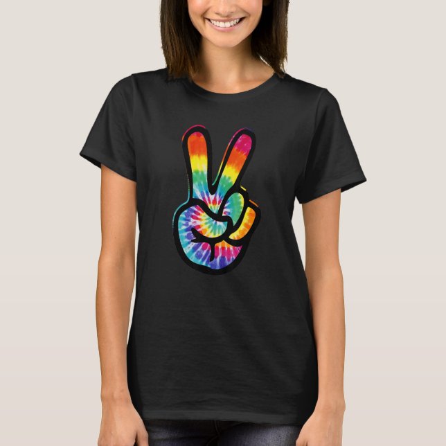 Peace Hand Sign Tie Dye Hippie Costume 60s 70s T-Shirt (Front)