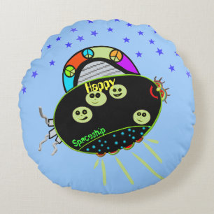 Peace Happy Faces Spaceship Stars Kids Round Pillow