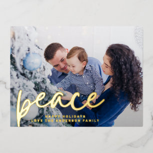 PEACE happy holidays hand written merry christmas Foil Holiday Postcard