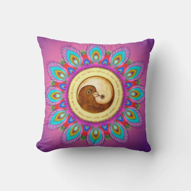Peace & Harmony doves with psychedelic mandala Throw Pillow (Front)