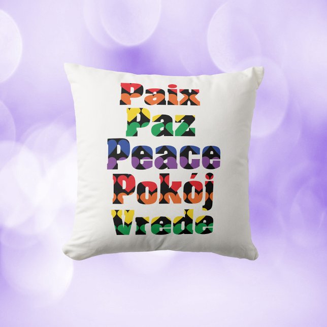 Peace Hearts Rainbow Typography Throw Pillow (A pillow with the word peace in French, Spanish, Polish and Dutch)