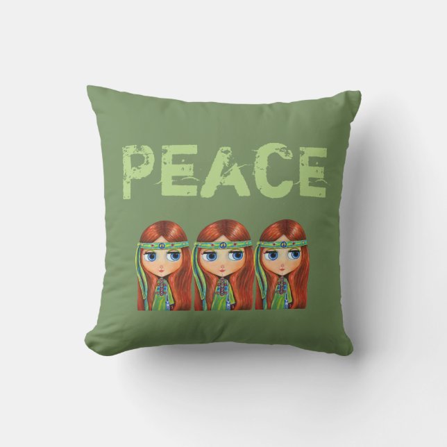 Peace Hippie Girl Chick in Green Headband 1960s Throw Pillow (Front)