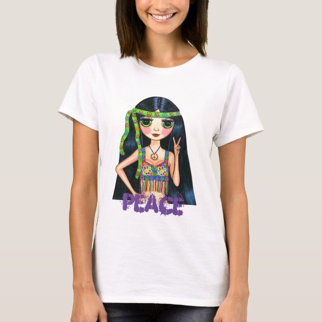 Peace Hippie Girl with Fringed Vest & Headband T-Shirt (Front)