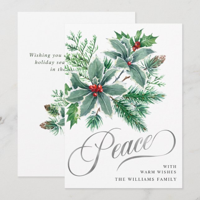 PEACE Holly Berry Branch Christmas Greeting Holiday Card (Front/Back)