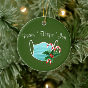 Peace Hope Joy Mask & Candy Canes Ceramic Ornament