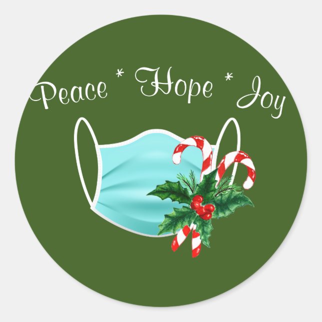 Peace Hope Joy Mask & Candy Canes Classic Round Sticker (Front)