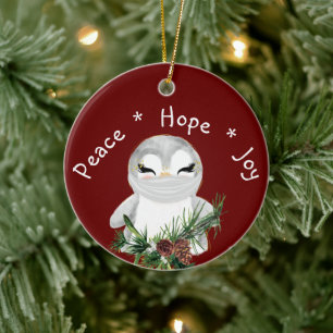 Peace Hope Joy Masked Penguin Ceramic Ornament
